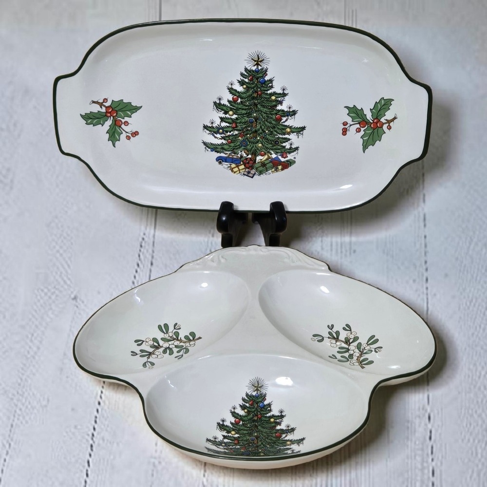 Lot Cuthbertson Christmas Tree Tray & Christmas Relish Dish Set 2 Vtg Rare